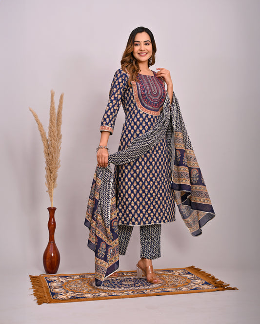 Embroidery Printed Cotton Suit Set With Dupatta