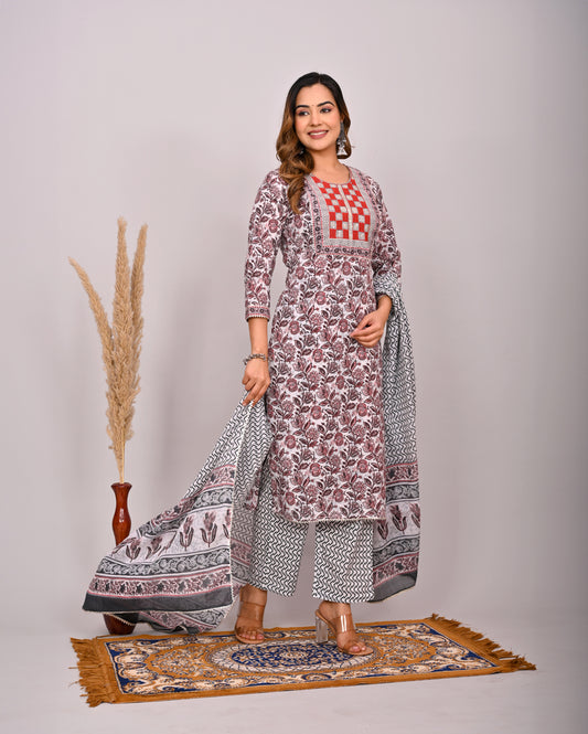 Embroidery Printed Cotton Suit Set With Dupatta