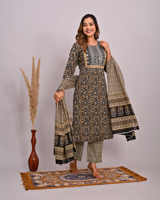 Embroidery Printed Cotton Suit Set With Dupatta