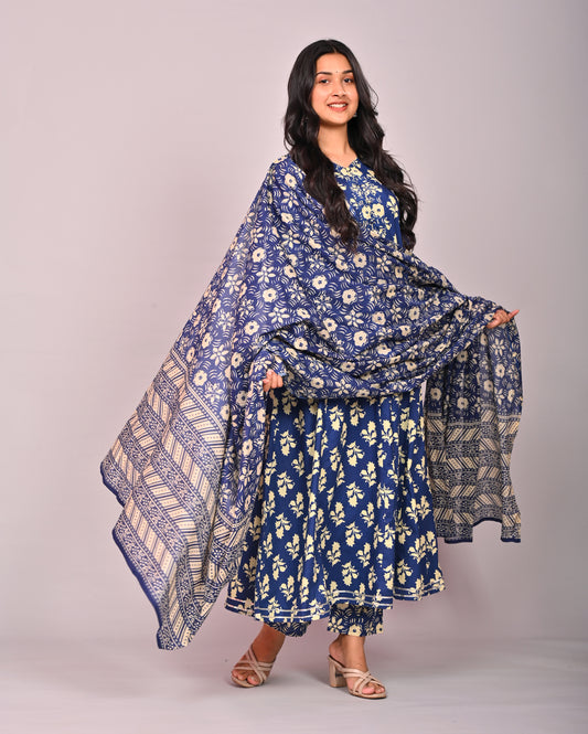 Blue Floral Printed Cotton Anarkali Suit Set With Dupatta