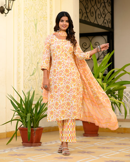 Cotton Straight Kurta pat Suit Set with Mull Mull Dupatta