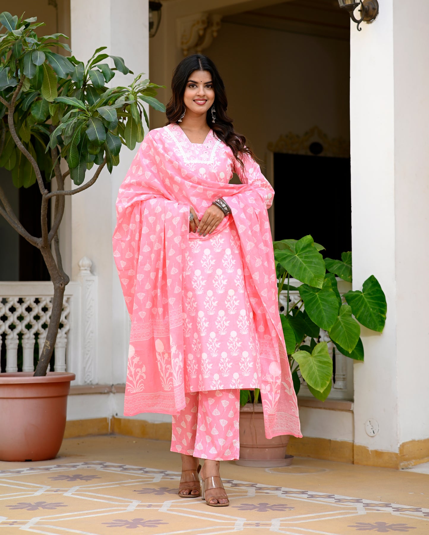 Cotton Straight Kurta pat Suit Set with Mull Mull Dupatta