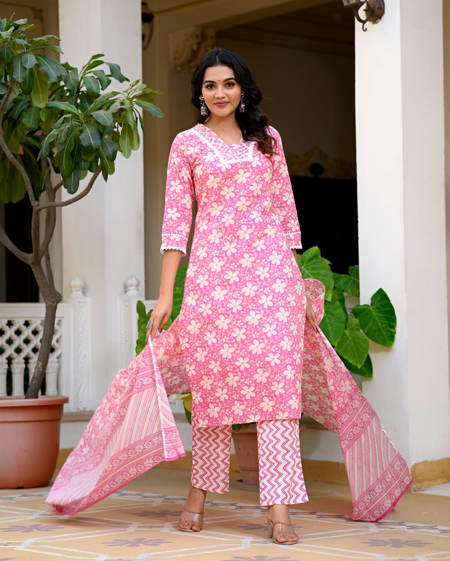 Cotton Straight Kurta pat Suit Set with Mull Mull Dupatta