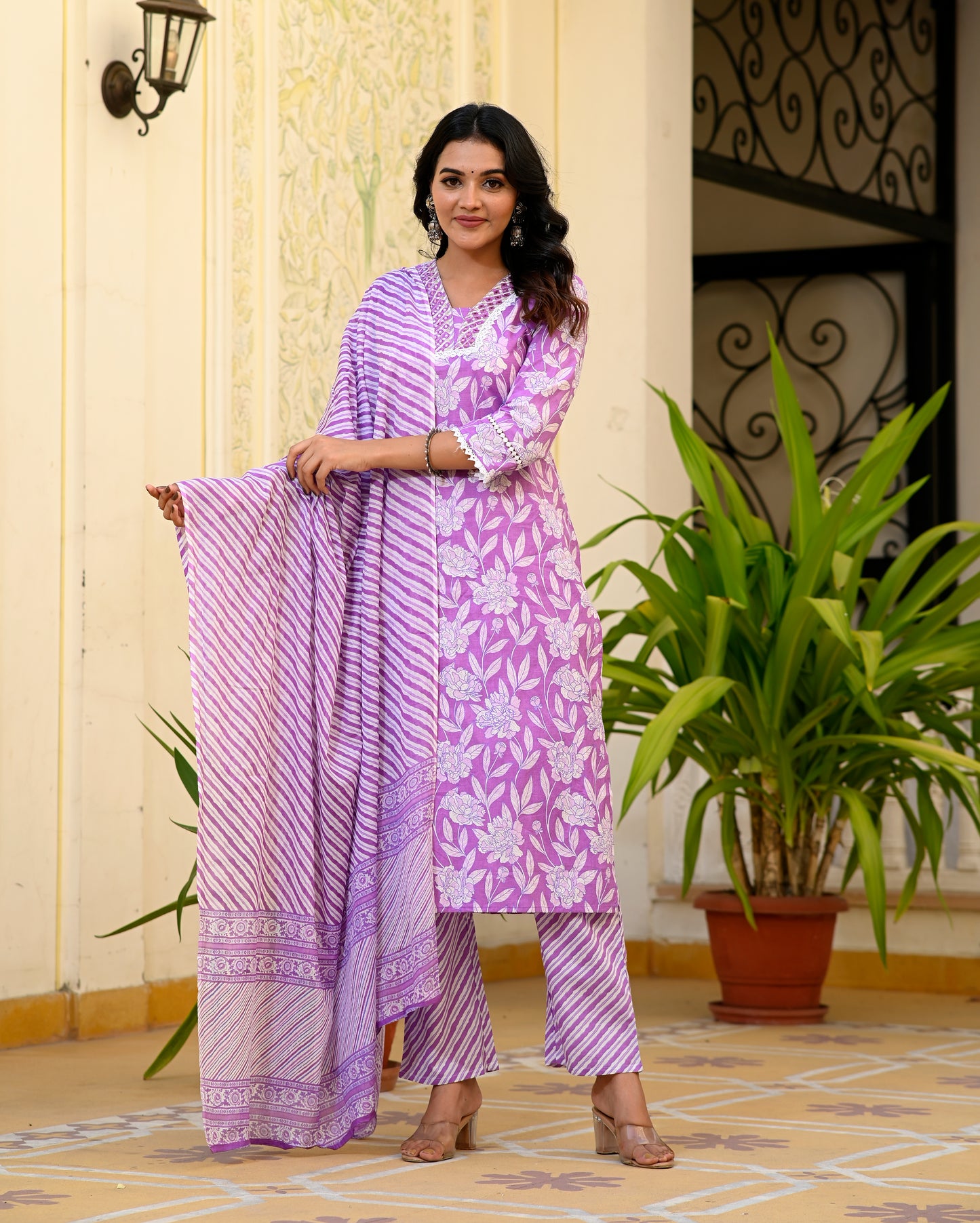 Cotton Straight Kurta pat Suit Set with Mull Mull Dupatta