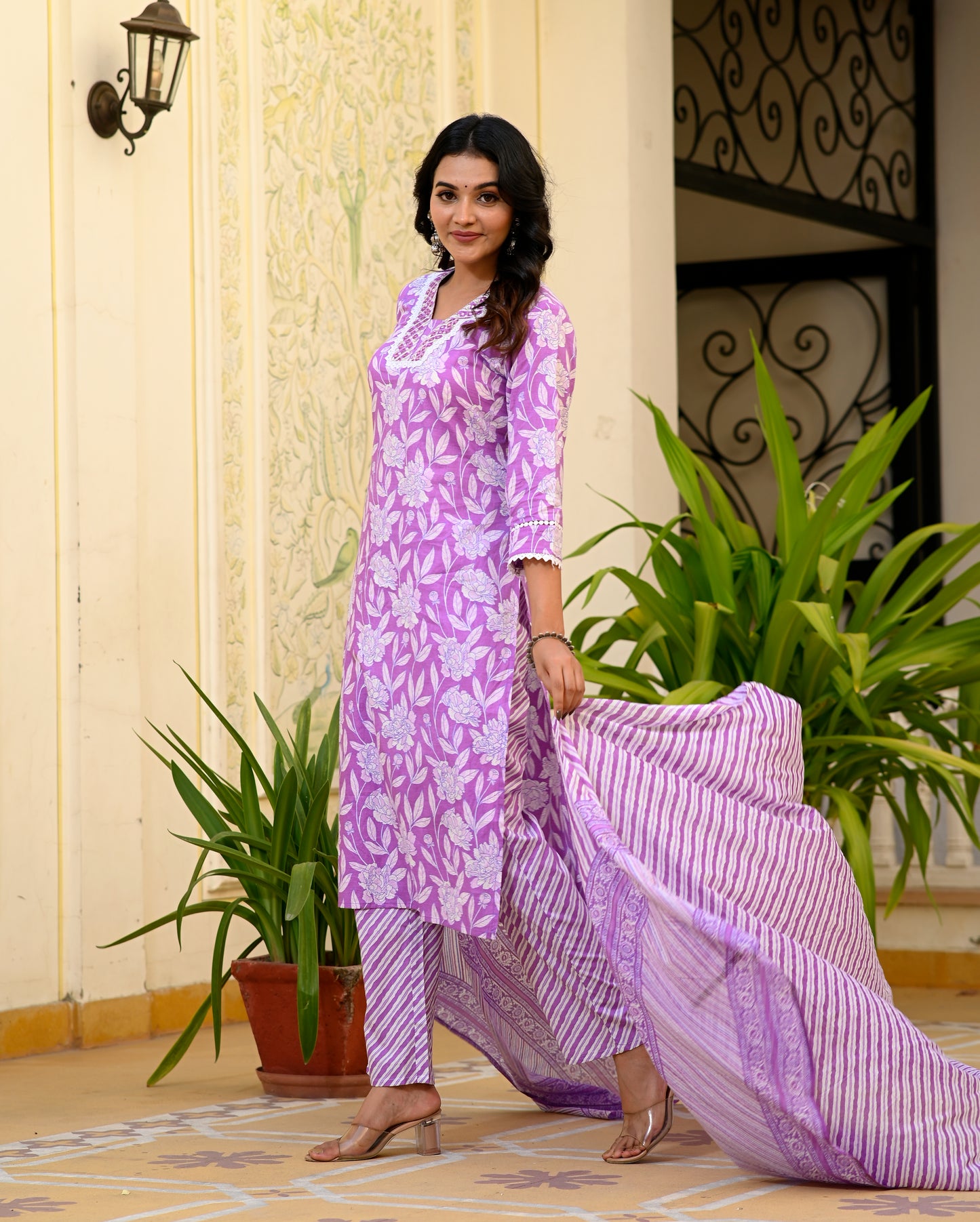 Cotton Straight Kurta pat Suit Set with Mull Mull Dupatta