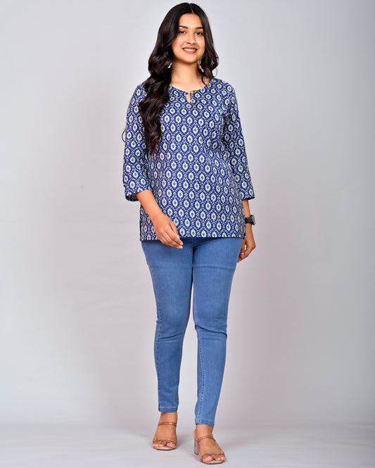 Blue Butil Block Printed Cotton Short Top