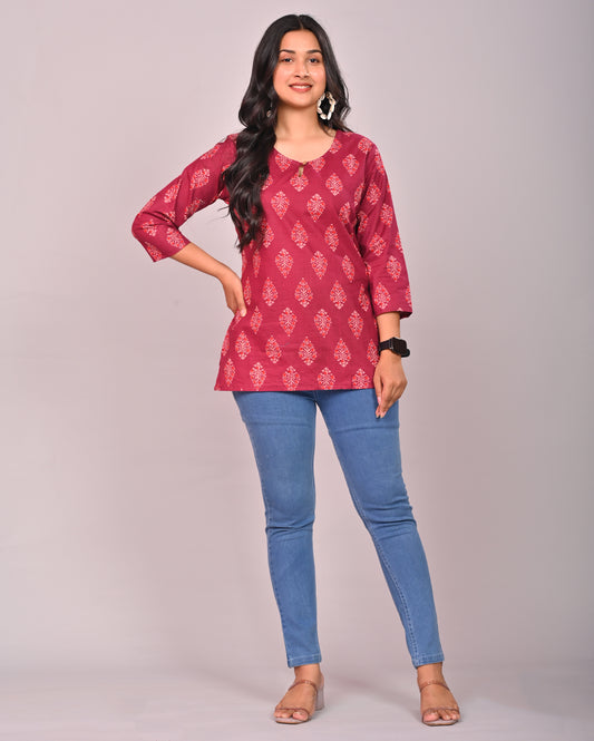 Wine Butil Block Printed Cotton Short Top