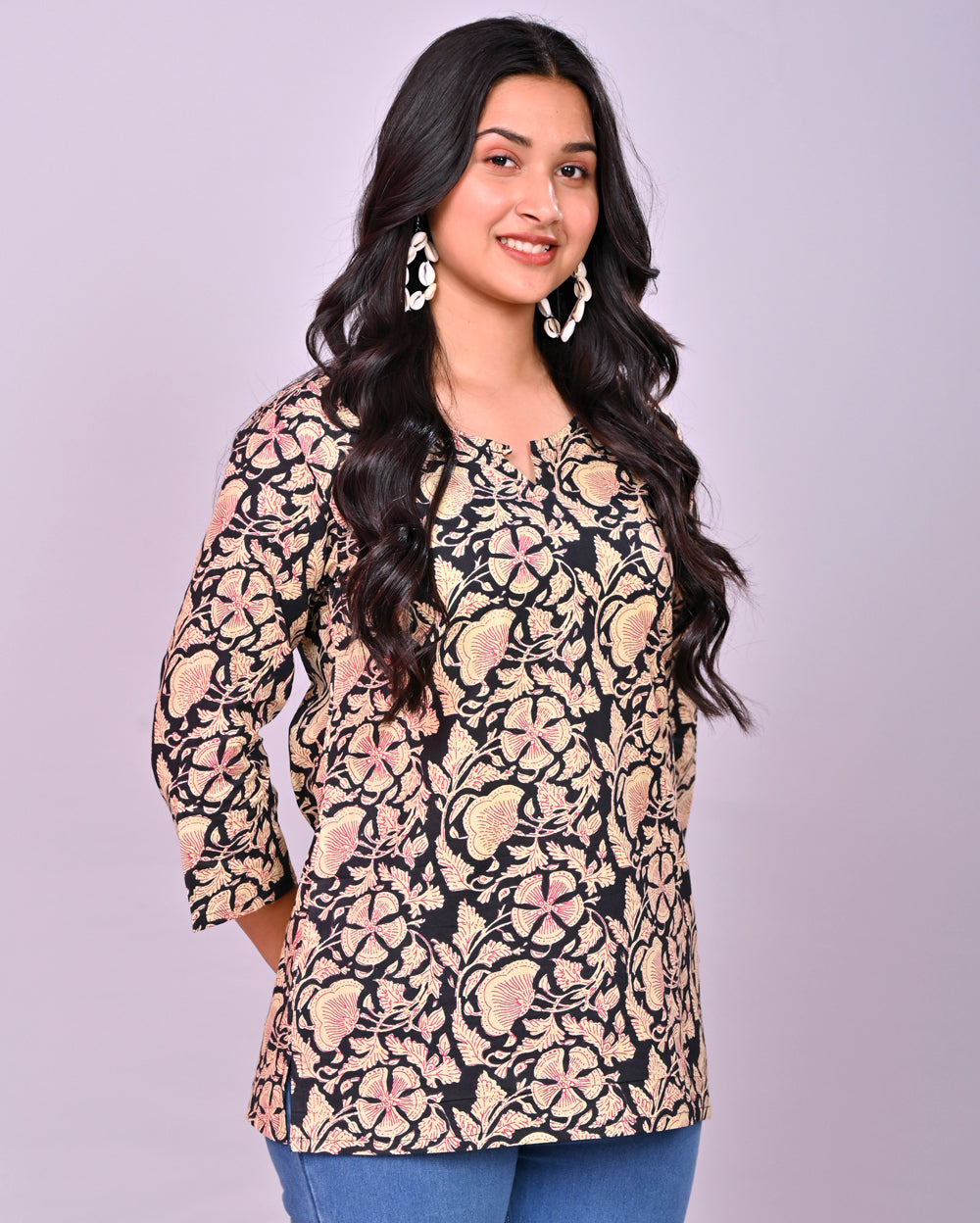 Black Jaal Hand block Printed Cotton Top