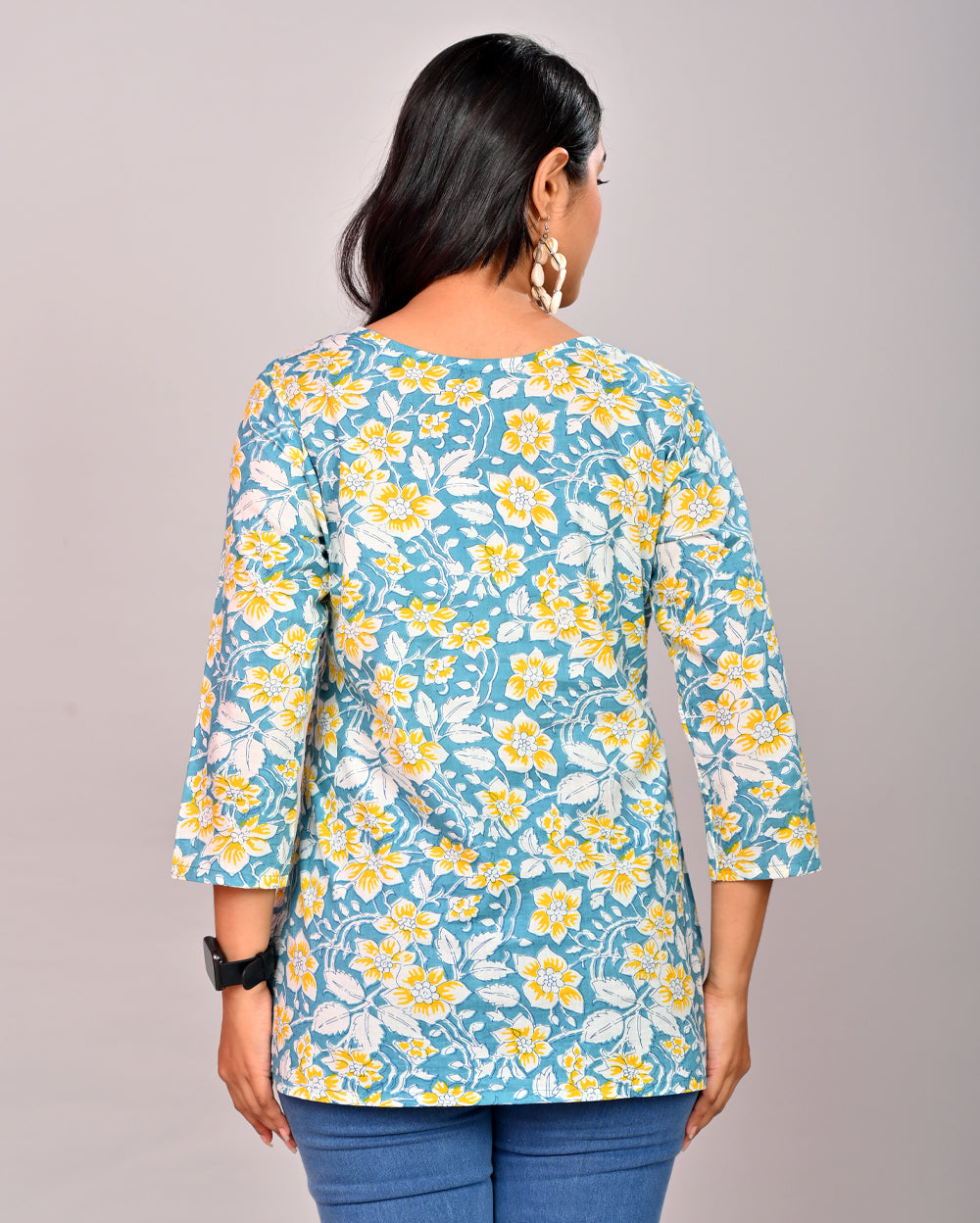 Sky blue Floral Block Printed Cotton Short Top