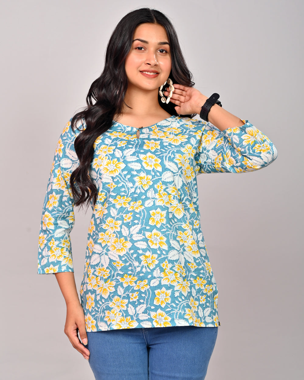 Sky blue Floral Block Printed Cotton Short Top