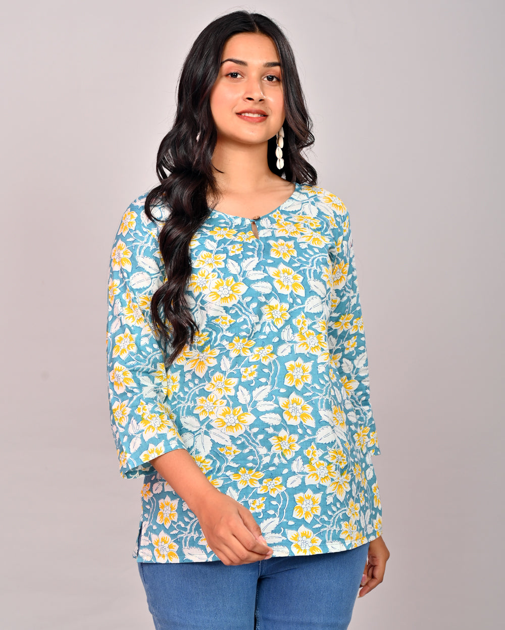 Sky blue Floral Block Printed Cotton Short Top