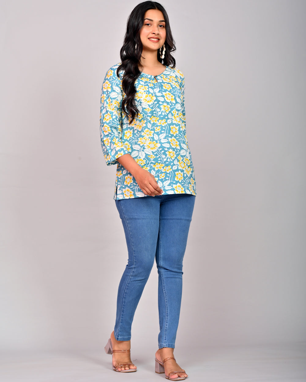 Sky blue Floral Block Printed Cotton Short Top