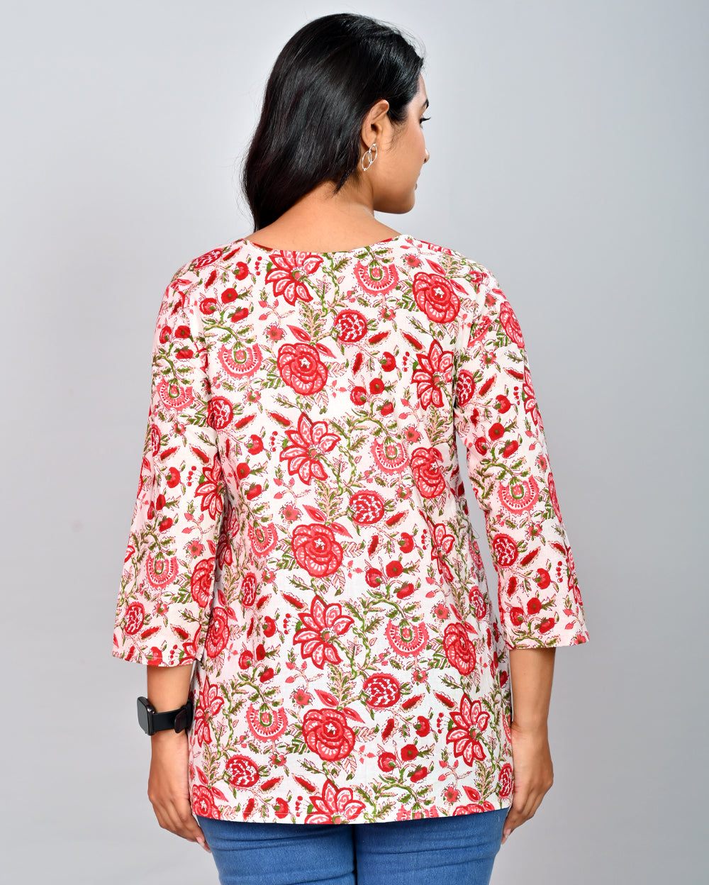 Red Floral Block Printed Cotton Short Top