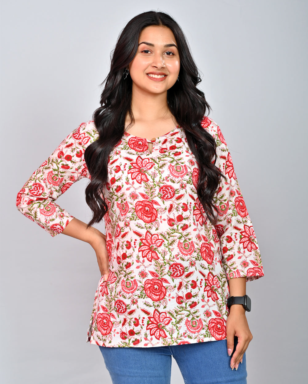 Red Floral Block Printed Cotton Short Top