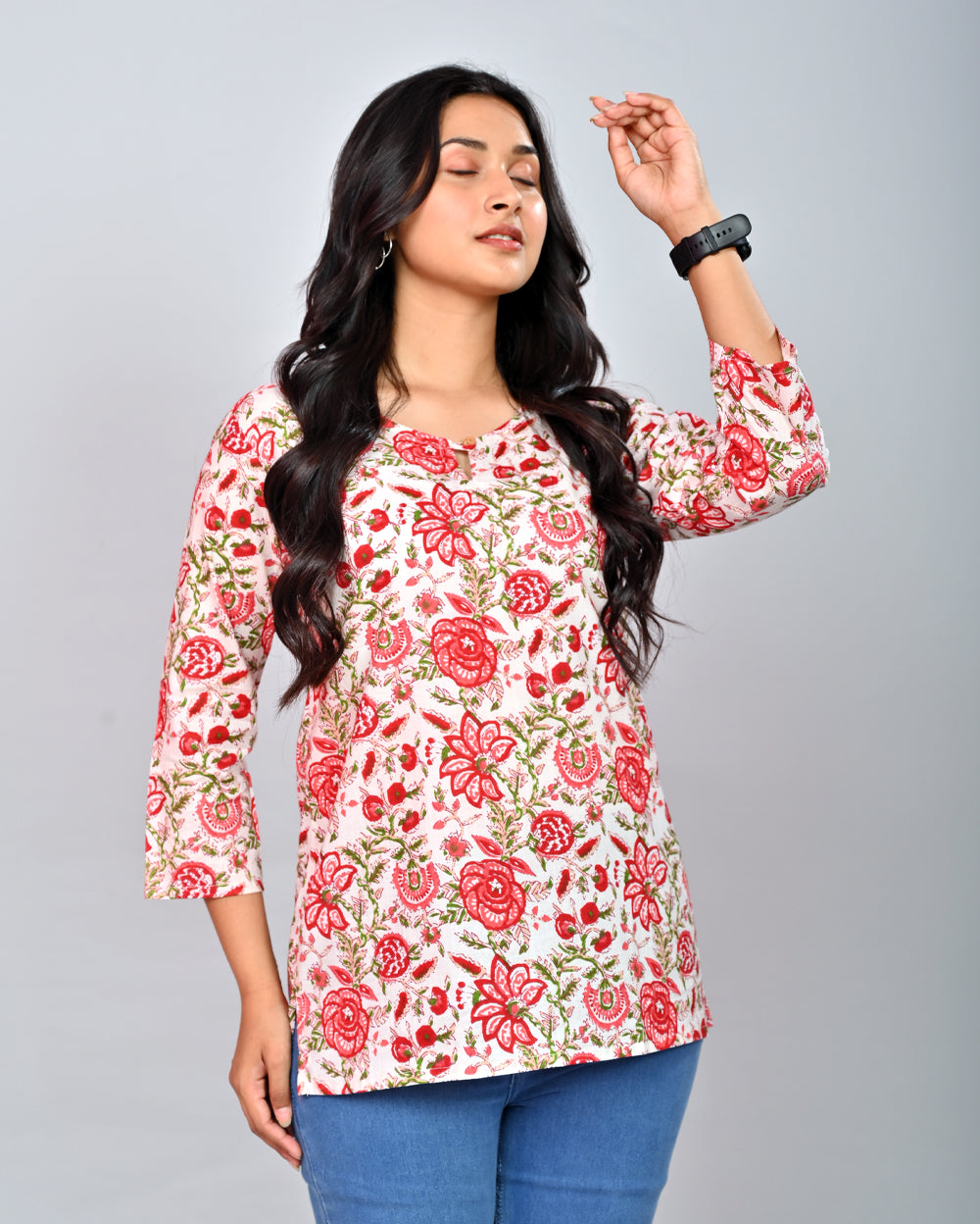 Red Floral Block Printed Cotton Short Top