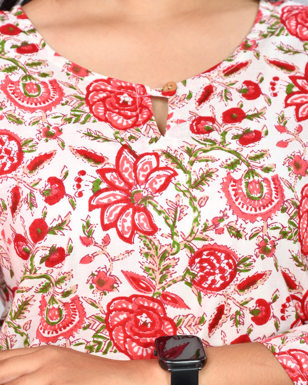 Red Floral Block Printed Cotton Short Top