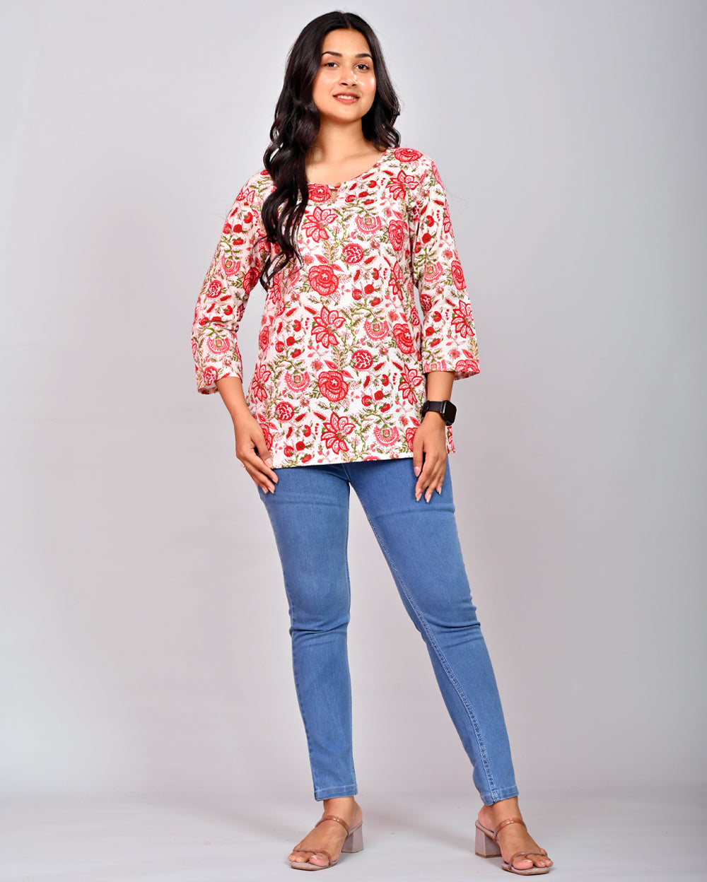 Red Floral Block Printed Cotton Short Top