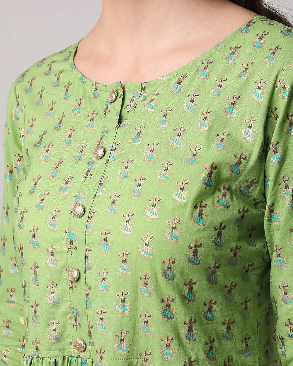 Light Green Floral Hand block printed Cotton Dress