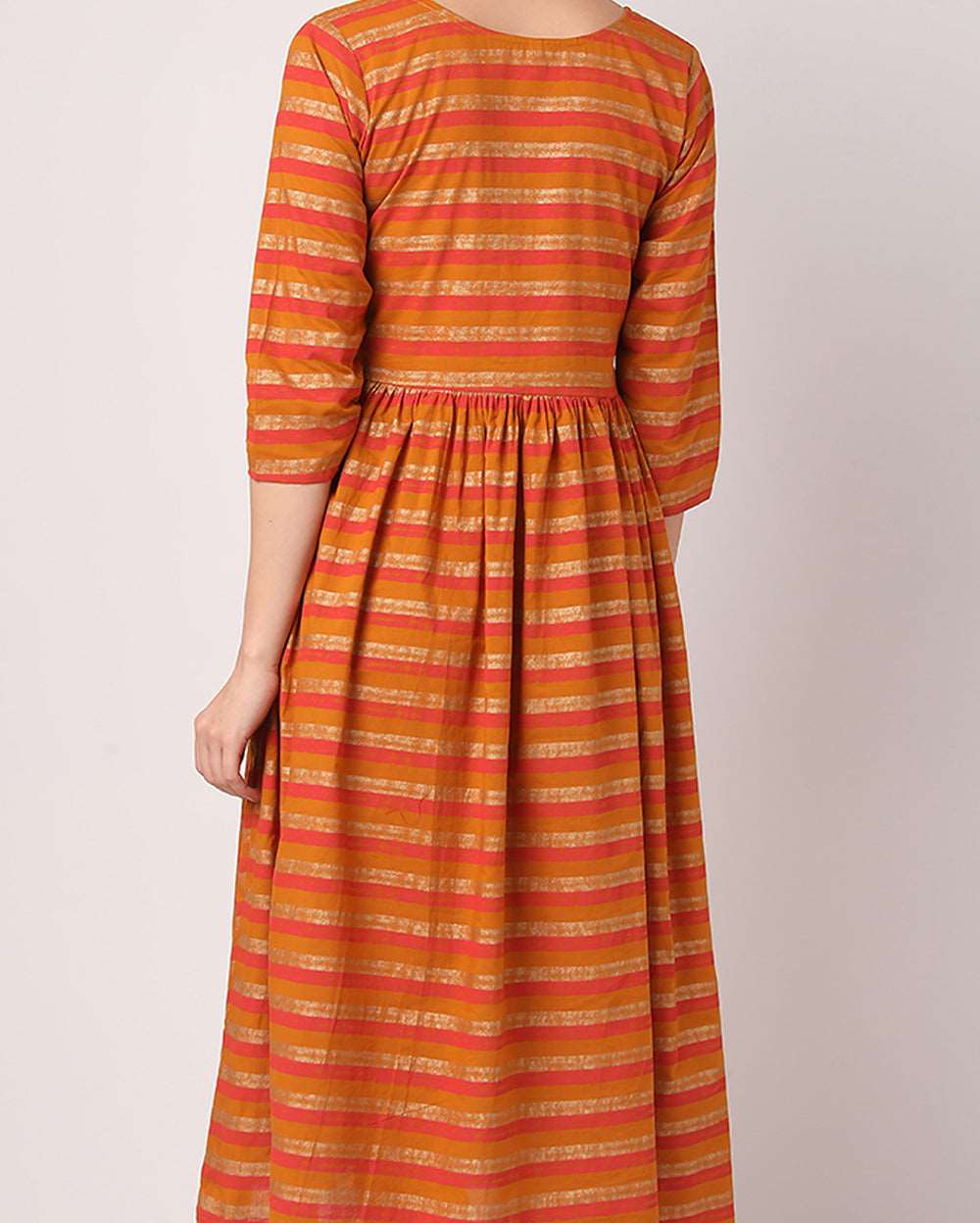 Mustard With Orange Striped Hand block Printed Cotton Dress