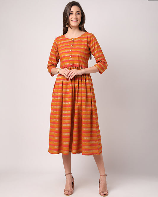 Mustard With Orange Striped Hand block Printed Cotton Dress