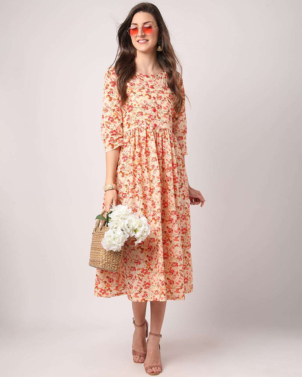 Peach Floral Hand block Printed Cotton Dress