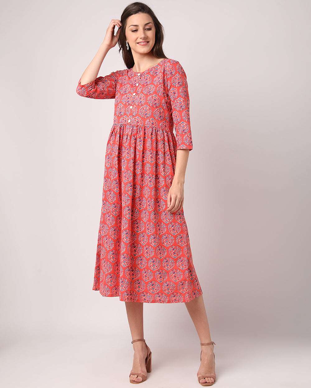 Red Floral Cotton Hand block Printed Dress