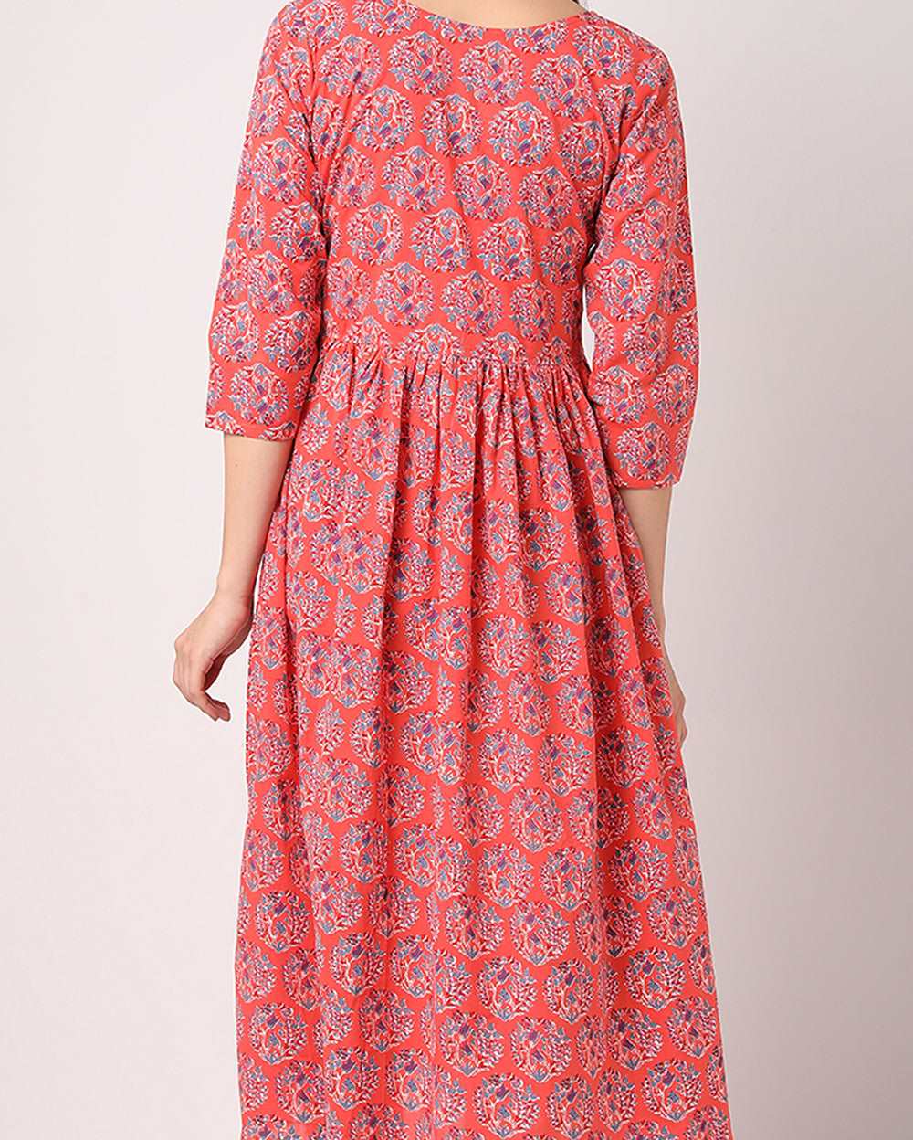 Red Floral Cotton Hand block Printed Dress