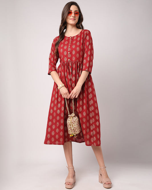 Red Paisley Floral ethnic Hand block printed Cotton Dress
