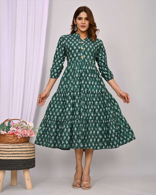 Dark Green with Grey Floral Printed Dress