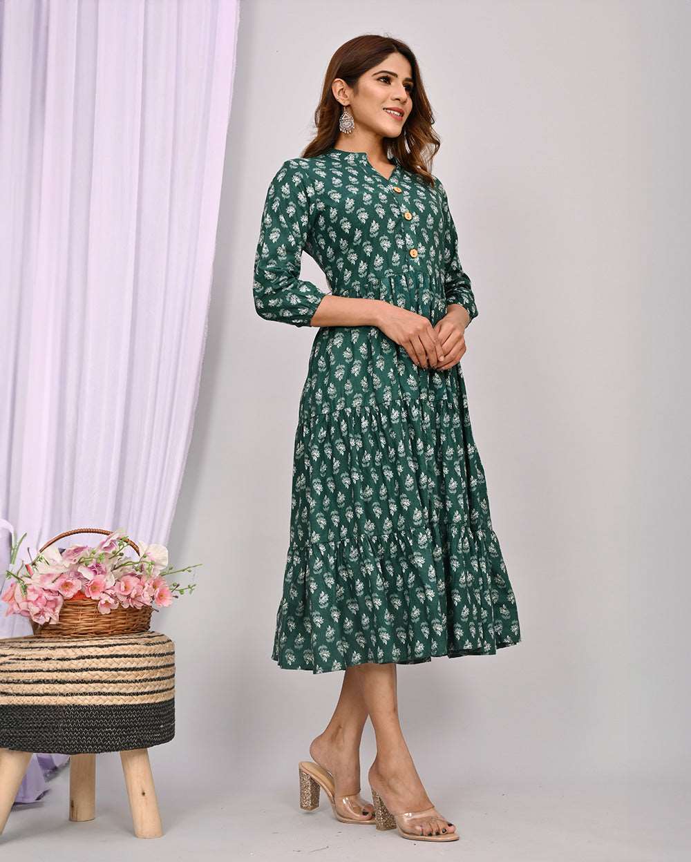 Dark Green with Grey Floral Printed Dress