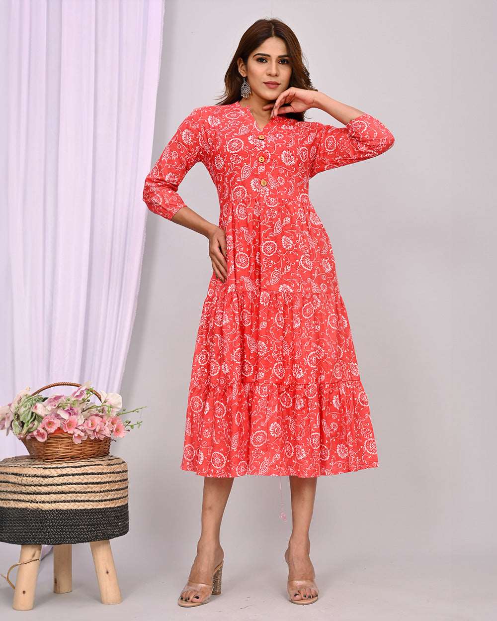 Light Red with White Floral Printed Dress