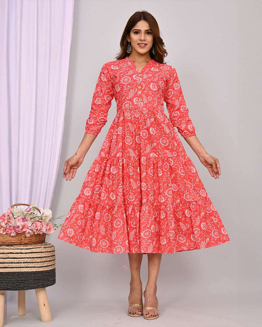 Light Red with White Floral Printed Dress
