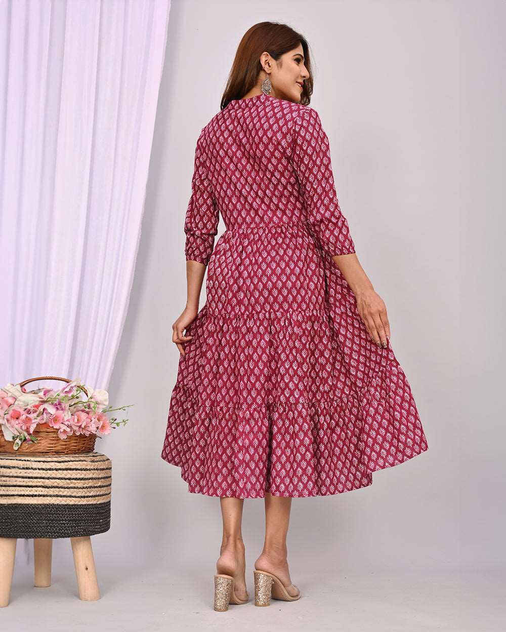 Wine Color With White Buti Printed Dress