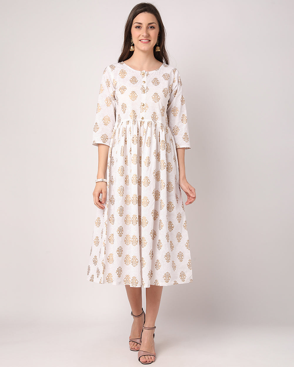 White & Golden Paisley Hand block printed Cotton Dress