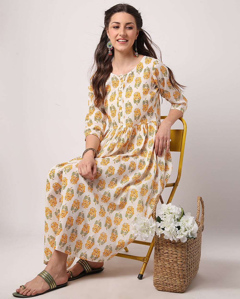 White and Yellow Floral Hand block printed Cotton Dress