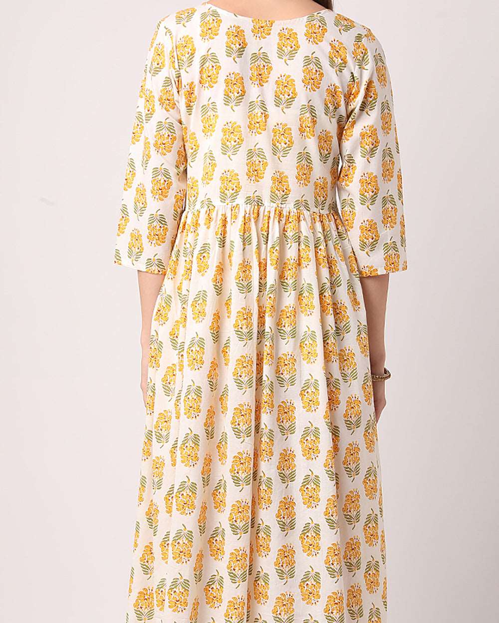 White and Yellow Floral Hand block printed Cotton Dress
