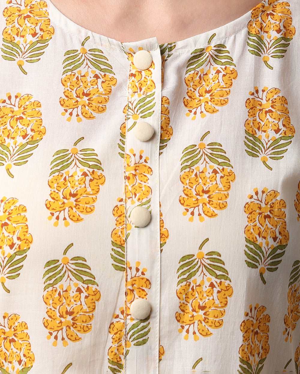 White and Yellow Floral Hand block printed Cotton Dress